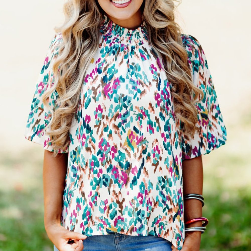 Brand new  Abstract Print Puff Sleeve Mock Neck Blouse